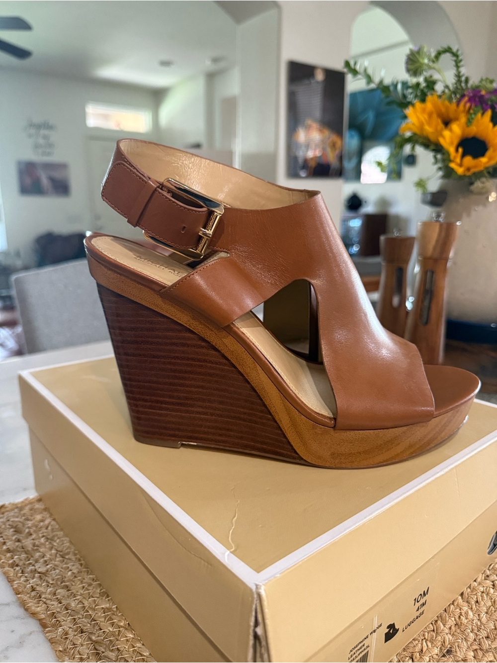 MICHAEL Michael Kors Luggage Brown Leather Josephine Wedge Sandals